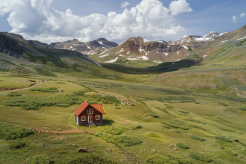 Aerial view of an isolated mountain cabin surrounded by a vast, untouched landscape. Highlight the solitude and simplicity of the scene