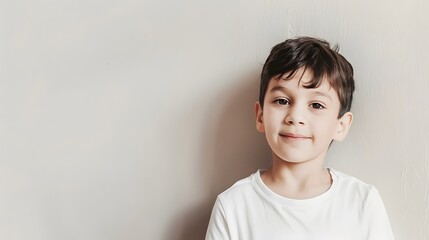 Smiling young boy in a white shirt stands against a light-colored wall, exuding innocence and warmth.