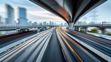 Beautiful highway overpass with fast motion blur effect on modern city background. Generated AI