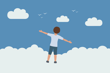 little boy dream about flying with birds in the sky vector illustration