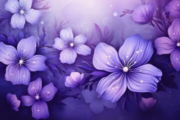 Mystical and enchanted purple flowers digital illustration with vibrant colors and bokeh effect as a beautiful floral pattern background for botanical artwork and fantasy flora-themed design