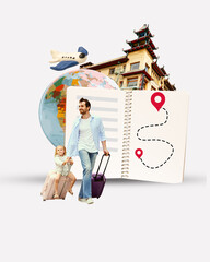 Happy family, father and little daughter going on vacation abroad. Contemporary art collage. Visiting popular places. Concept of travelling, tourism, parenthood, childhood