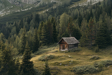 Aerial view of an isolated mountain cabin surrounded by a vast, untouched landscape. Highlight the solitude and simplicity of the scene