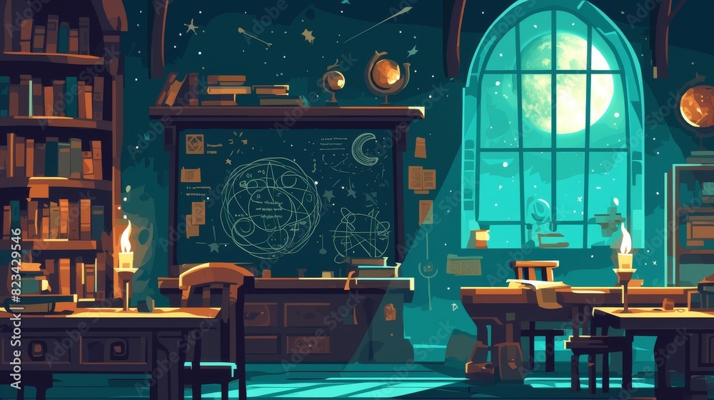 Wall mural school classroom at night. modern cartoon illustration with old wooden desks and chairs, ancient boo - Wall murals