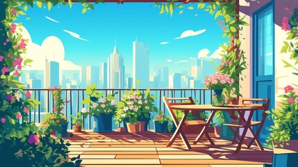 A suburban garden on a lofty rooftop or terrace, with a cityscape in the background. Cartoon modern patio with wooden floor, plants in pots, and flowers in vases in a rack and a table.