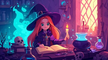 An old dungeon with a witch cooking potion, reading an ancient spellbook, magic liquid boiling in a cauldron, candles, skulls, herbs and glass flasks sitting on a table. Illustration in modern