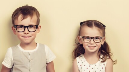 Obraz premium Smiling boy and girl in glasses against a light yellow background, showcasing youthful cheer and intellect.