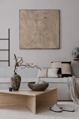 Creative composition of living room interior with mock up poster frame, marble coffee table,...