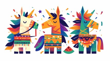 The kids' Mexican pinata cartoon icon is the perfect birthday party game for children. The mexican pinata is made of paper horses and candy graphics. The unicorn, watermelon, and stars handcrafted