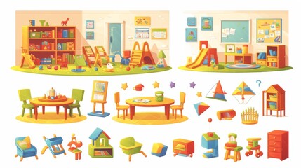 A set of kindergarten furniture and toys isolated on a white background. Cartoon illustration of wooden furniture, chairs, bookshelves, and classrooms for preschool classrooms.