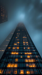 A tall building in the fog