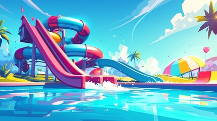 Animated water slide in summer aqua park swim pool cartoon background. Water slide with playground and inflatable activity for children to play in. Colorful resort pipeline and fountain environment