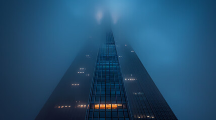 A tall building in the fog