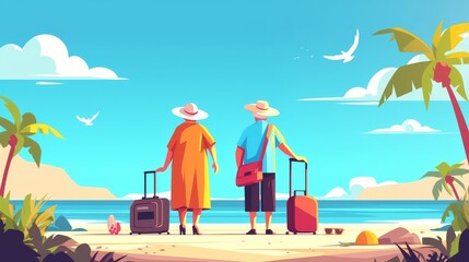 The old couple travel on vacation to the beach with a suitcase. The elderly couple on vacation at an ocean resort with a bag, sunglasses, and hat.