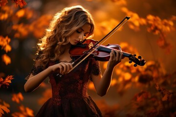 Fototapeta premium Woman in a red dress plays the violin among vibrant autumn leaves, evoking a serene musical atmosphere