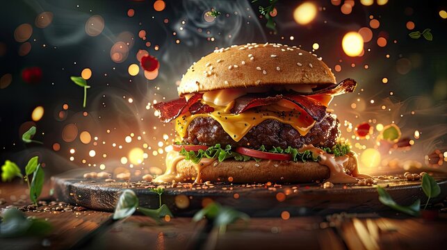 Delicious gourmet cheeseburger with bacon, lettuce, tomato, and sesame seed bun, beautifully presented with vibrant colorful background.