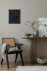 Warm and cozy composition of living room interior with mock up poster frame, wooden consola, bowl,...
