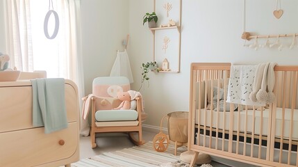 Cozy and stylish baby nursery with wooden crib and soft pastel decor, creating a serene and inviting atmosphere for a newborn