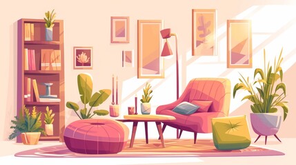 Interior living room decor elements - pink ottoman, pillows, armchair and plants in flowerpot, table, lamp, aroma candles and wall pictures. Cartoon modern illustration set.