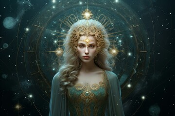 Enchanting woman in ornate headdress with a cosmic backdrop of stars and planets