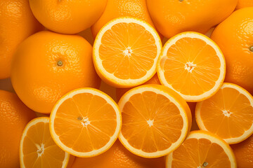 Fototapeta premium Fresh ripe orange food background top down view, photography, realistic style, many large, bright, juicy, beautiful, ripe, fruit sliced