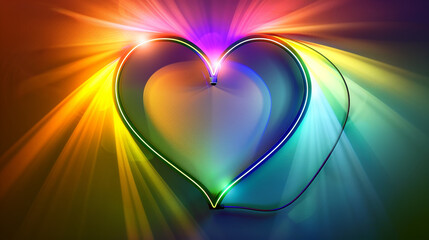 A heart symbol illuminated by rainbow-colored spotlights, casting colorful shadows against a background transitioning in rainbow colors.