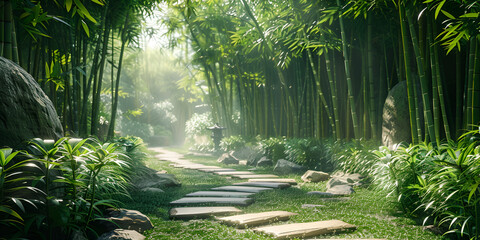An image of a bamboo forest surrounding the spa retreat with a path - Powered by Adobe
