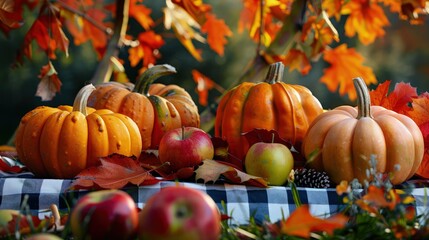 A festive Halloween pumpkin enjoy picnic party in the green field on the colorful mat with dry autumn dry leaf background 