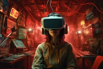 A young woman immerses in a virtual world, surrounded by neon lights and tech gadgets