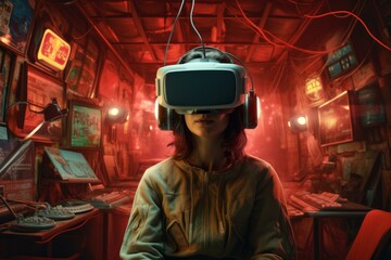 Obraz premium A young woman immerses in a virtual world, surrounded by neon lights and tech gadgets