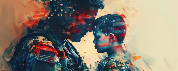 Heartfelt embrace between a soldier and his son, both adorned with the American flag overlay, symbolizing the strength and resilience of military families on July 4th.