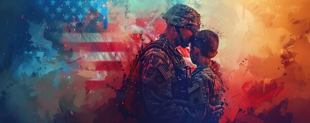 Heartfelt embrace between a soldier and his son, both adorned with the American flag overlay, symbolizing the strength and resilience of military families on July 4th.