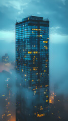 A tall building in the fog