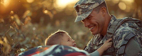 Touching moment captured as a soldier shares a smile with his young son, both wearing the American flag overlay, embodying the spirit of family and patriotism on July 4th.