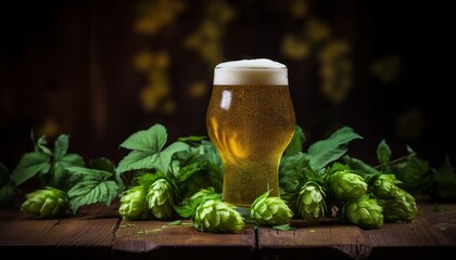 A glass of golden beer with frothy head surrounded by fresh hops on a wooden table, ideal for illustrating craft brewing and beer culture.