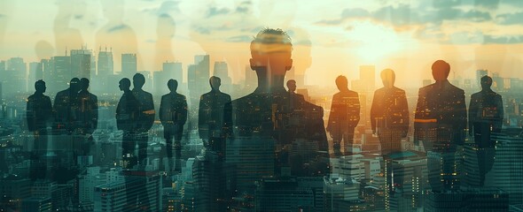Double exposure of business people and cityscape, double exposure with silhouette figures in front view