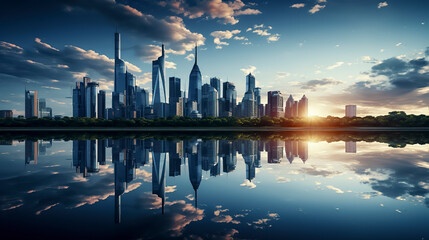 A serene cityscape at sunset, skyscrapers reflecting in calm water under a partly cloudy sky, evoking tranquility and beauty