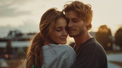 Fototapeta premium Rear view of a young couple embracing in front of their modern luxury home, taken from the back