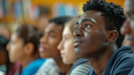 Obraz premium Multi-Ethnic Students in Language Class Using Audio-Visual Aids 