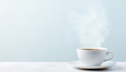 A steaming cup of hot coffee in a white cup on a saucer, placed on a white table against a light blue background, creating a calm atmosphere.