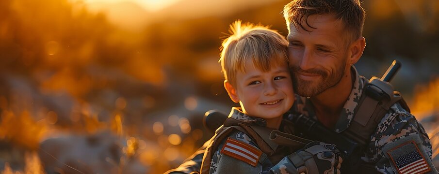 Touching moment captured as a soldier shares a smile with his young son, both wearing the American flag overlay, embodying the spirit of resilience and unity on Independence Day. - Powered by Adobe