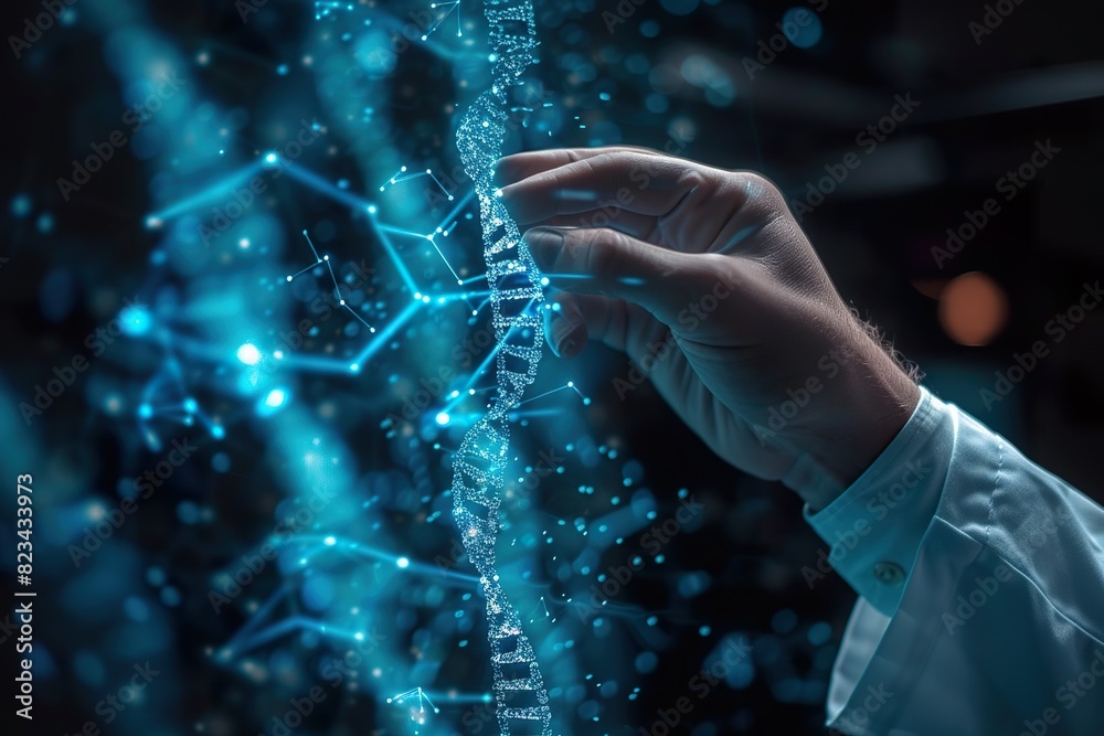 Poster view of a doctor touching dna structure