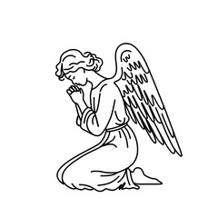 vector illustration of angel with wings isolated on transparent background. Kneeling angel line art vector illustration. 