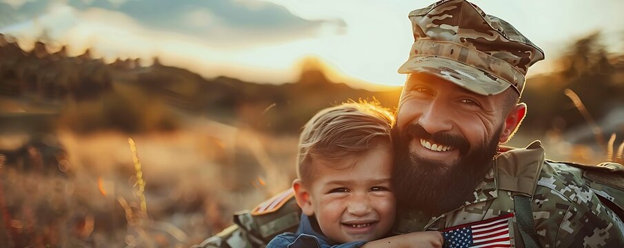Touching moment captured as a soldier shares a smile with his young son, both wearing the American flag overlay, embodying the spirit of resilience and unity on Independence Day. - Powered by Adobe