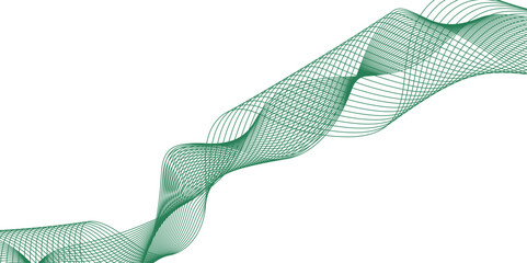 Abstract green wavy lines isolated on a transparent background. Stylized line art background. Vector illustration. Wave with lines created using blend tool. Curved wavy line, smooth stripe.