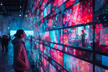 wall of digital screens displaying various video content in the style of video background concept