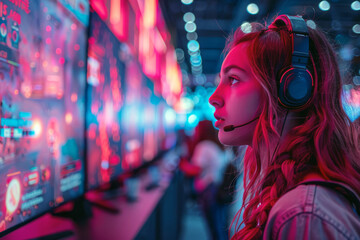 Obraz premium Young woman in headphones immerses herself in a thrilling computer game at a vibrant gaming convention, surrounded by fellow energetic gamers