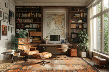 A home office with a mix of modern and vintage decor