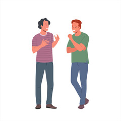 Young men talking, flirting, whispering secrets, telling news. Flat style cartoon vector illustration.