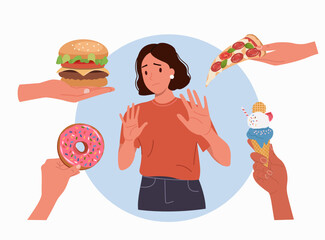 Young woman showing a negative gesture and stop to the fast food. Burger, pizza, donut and ice cream on hands. Vector cartoon flat style illustration
